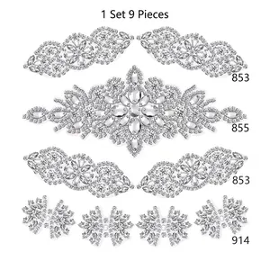 9pcs silver rhinestone applique set for wedding dresses and bridal belt accessories