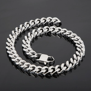 Polished silver titanium steel Cuban chain necklace with secure box clasp for men