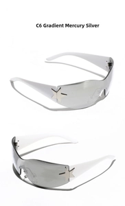 Detail of Y2K rimless sunglasses in gradual mercury silver with star metal decoration
