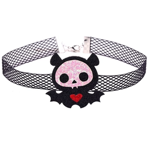 Gothic Halloween choker with black bat skull mesh collar and pink sequin heart charm