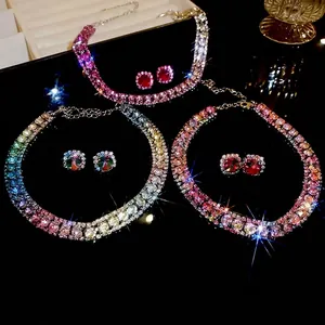 Luxury rhinestone choker necklace and stud earrings set in colorful gradient crystal