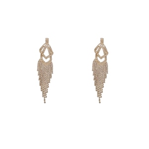 Elegant gold-tone geometric tassel drop earrings with rhombus cutout design and chains