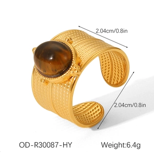 Detail view of 18k gold plated stainless steel ring with tiger eye stone and 6.4g weight
