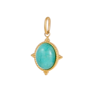 Macro shot of oval turquoise gemstone pendant with gold-plated stainless steel bezel