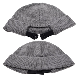 Adjustable grey knit miki hat with warm wool texture and buckle strap for outdoor use