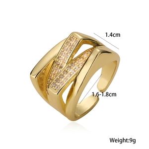 Crossed gold plated geometric open ring with cubic zirconia micro-pave setting