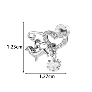 Silver cartilage stud earring with heart, safety pin, dachshund and star charms