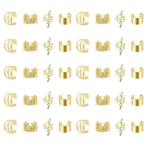Détails de 40 clips d'oreilles et manchettes en métal doré aux formes variées sur blanc
