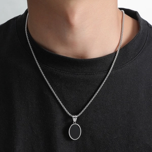 Collana hip hop con pendente in agata nera e catena box argentata da uomo