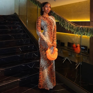 Elegant leopard print long sleeve bodycon maxi dress with mock neck for fashion women