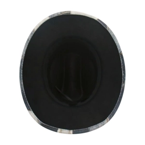 Detailed top view of vintage western fedora hat showing interior and plaid brim design