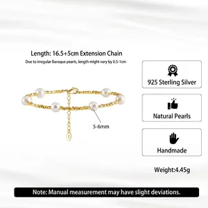 18K gold plated 925 silver bracelet with six natural 5-6mm freshwater pearls