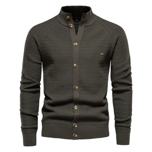 Men Knitted Cardigan Sweater Cotton Waffle Knit Stand Collar Button Down Long Sleeve Casual Business Urban Solid Color