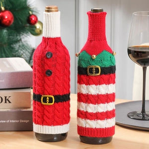 Acrylic Christmas Wine Bottle Covers Knitted Santa Elf Striped Decoration With Belt Buckle Bells Holiday Party Dining Table