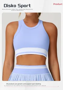 Light blue ribbed yoga vest with striped elastic band and pleated skirt on a model