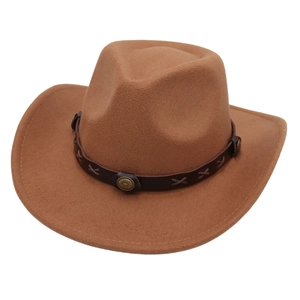 Brown western cowboy hat with leather belt and vintage metal buckle on white background