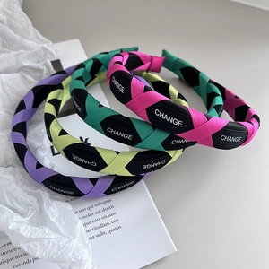 Retro Braided Headband Fabric Cross Weave Letter Print High Top Candy Color Hair Band For Women