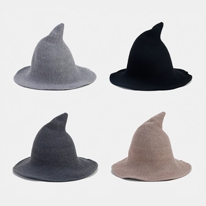 Foldable knitted wizard hats for Halloween in grey, black, dark grey, and khaki colors