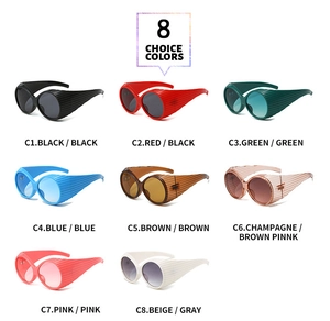 Collage of wide frame Y2K sunglasses in eight vibrant colors with tinted lenses