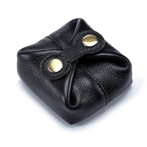 Mini black soft leather coin purse with brass snaps for earphones and lipstick storage
