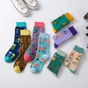 Marine life theme crew socks collection with colorful ocean animal prints and cotton knit