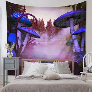 Detail view of colorful mushroom tapestry hanging as a bedroom backdrop
