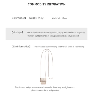 Detailed view of woven metal mini bag necklace specs, alloy material, 100cm length