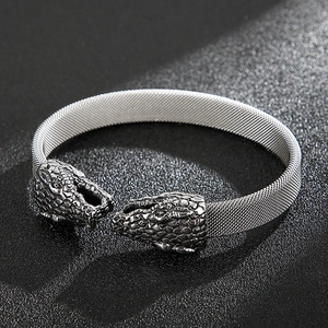 Punk style stainless steel snake head braided mesh bracelet for men in silver finish