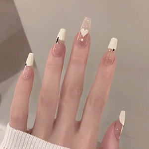 French Tip Press On Nails Long Coffin False Nails Heart Polka Dot Nude Pink Sweet Minimalist Artificial Nails For Women