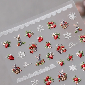 Cartoon fruit nail stickers with hand-drawn rabbits, strawberries and snow designs