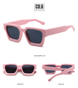 Pink square sunglasses detail view showing front back and side angles with grey lenses