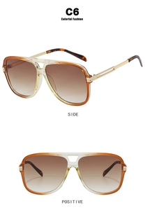 Detailed side and front view of square pilot sunglasses with orange gradient resin frames
