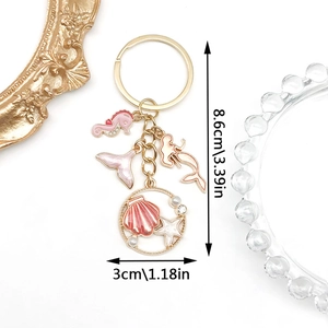 Detailed dimensions of pink ocean charm keychain with seahorse and mermaid pendants