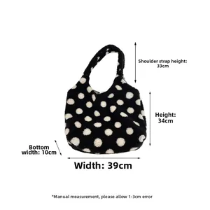 Sac seau en peluche à pois avec dimensions détaillées de 34 cm de haut et 39 cm