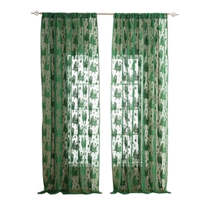 Green Christmas lace curtains with festive alpaca and tree patterns for holiday window decor