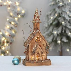 Lighted wooden Christmas church cabin with warm LED lights and glitter desktop decoration