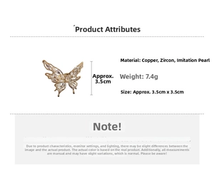 Detailed spec sheet showing gold plated butterfly ring with copper, zircon, and pearl details