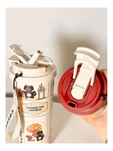 Detailed close-up of dual-purpose lid on cat stainless steel coffee tumbler with straw