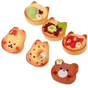 Set of 6 cartoon resin food miniatures featuring cute cat and bear toast animal desserts