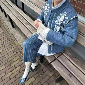 Women Retro Quilted Jacket Cotton Padded Coat White Flower Embroidery Ethnic Style Denim Texture Long Sleeve Blue