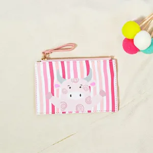 Cute cartoon cow mini zip wallet with pink stripes and portable hand strap for women