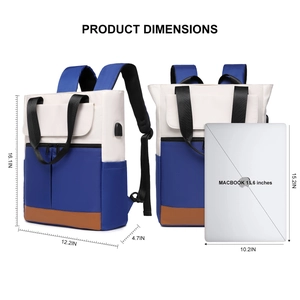 Detailed travel backpack dimensions showing height 16.1in and 15.6in laptop compatibility