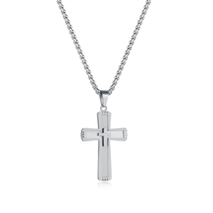 Men's retro stainless steel double-layer cross pendant necklace with box chain