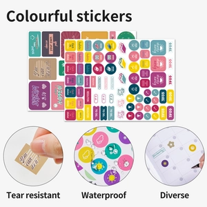 Detail view of colorful waterproof planner stickers for habits and goals tracking