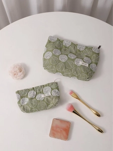 Olive green floral embroidered cotton linen makeup bag set with metal zippers