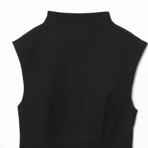 Minimalist black sleeveless mock neck top with sleek slim fit and structured design