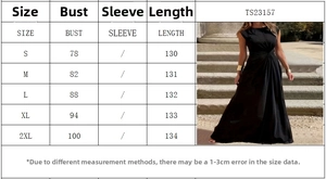Size guide for women's elegant maxi dress showing bust and length measurements in centimeters