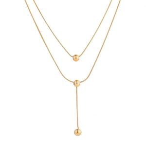 Minimalist double layer gold bead necklace with delicate snake chain in Y-shape design