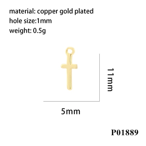 Detail of copper gold plated cross pendant with 11x5mm size and 1mm hole measurements
