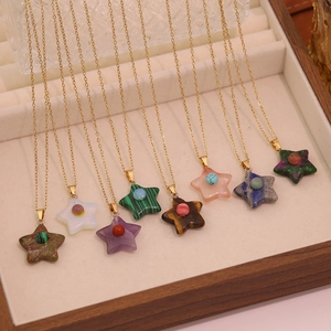 Star-shaped natural stone pendant necklaces in various colors with golden chain links